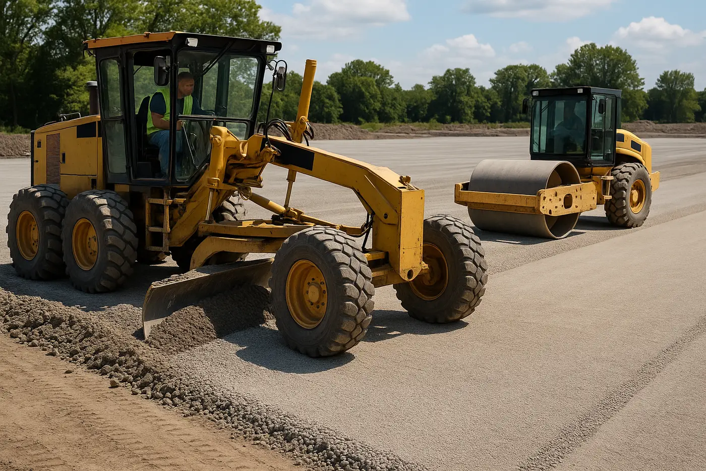 Grading equipment shaping a sub-base to designed fall before paving