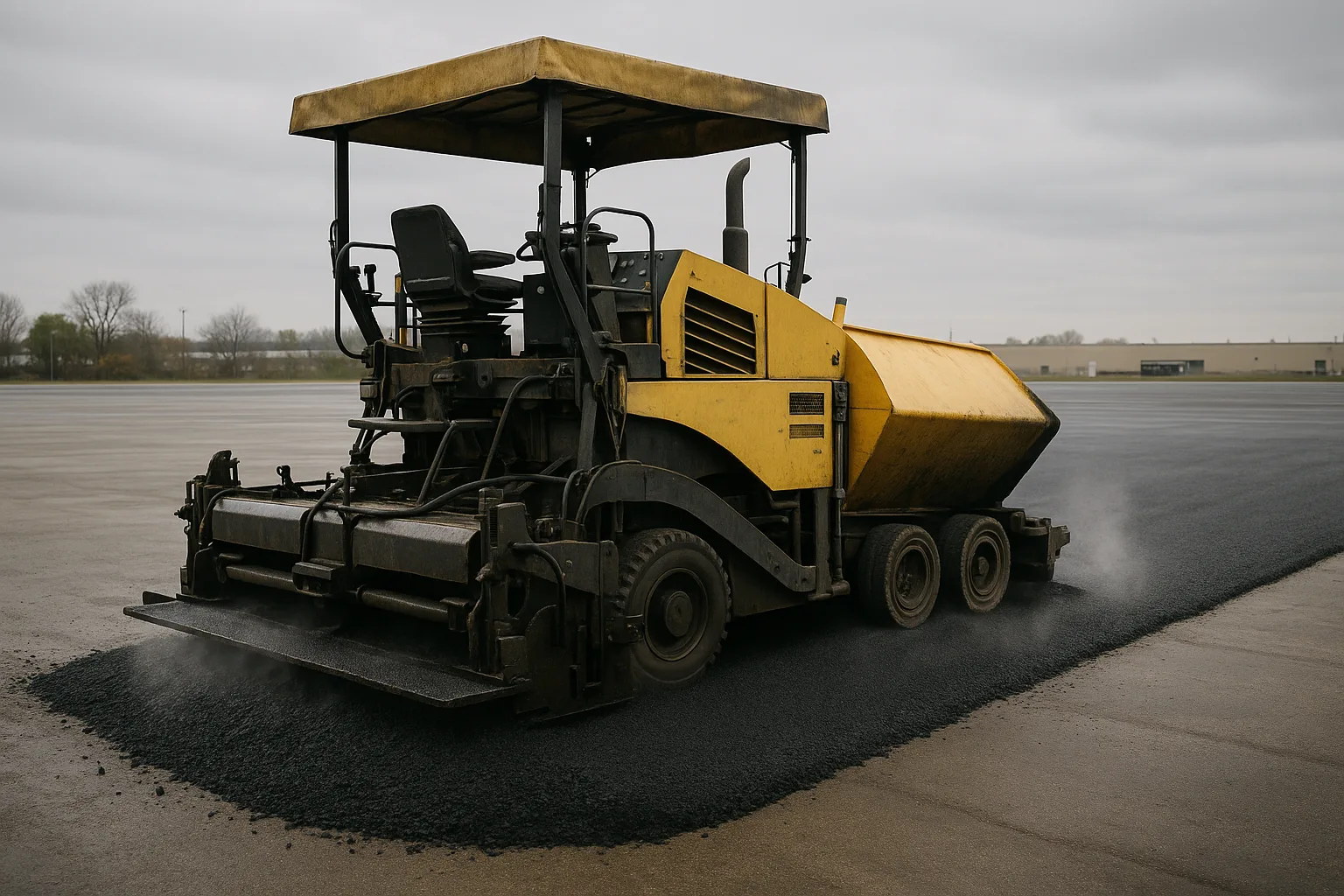 Asphalt paver laying a fresh mat with the screed down and the crew working the edge