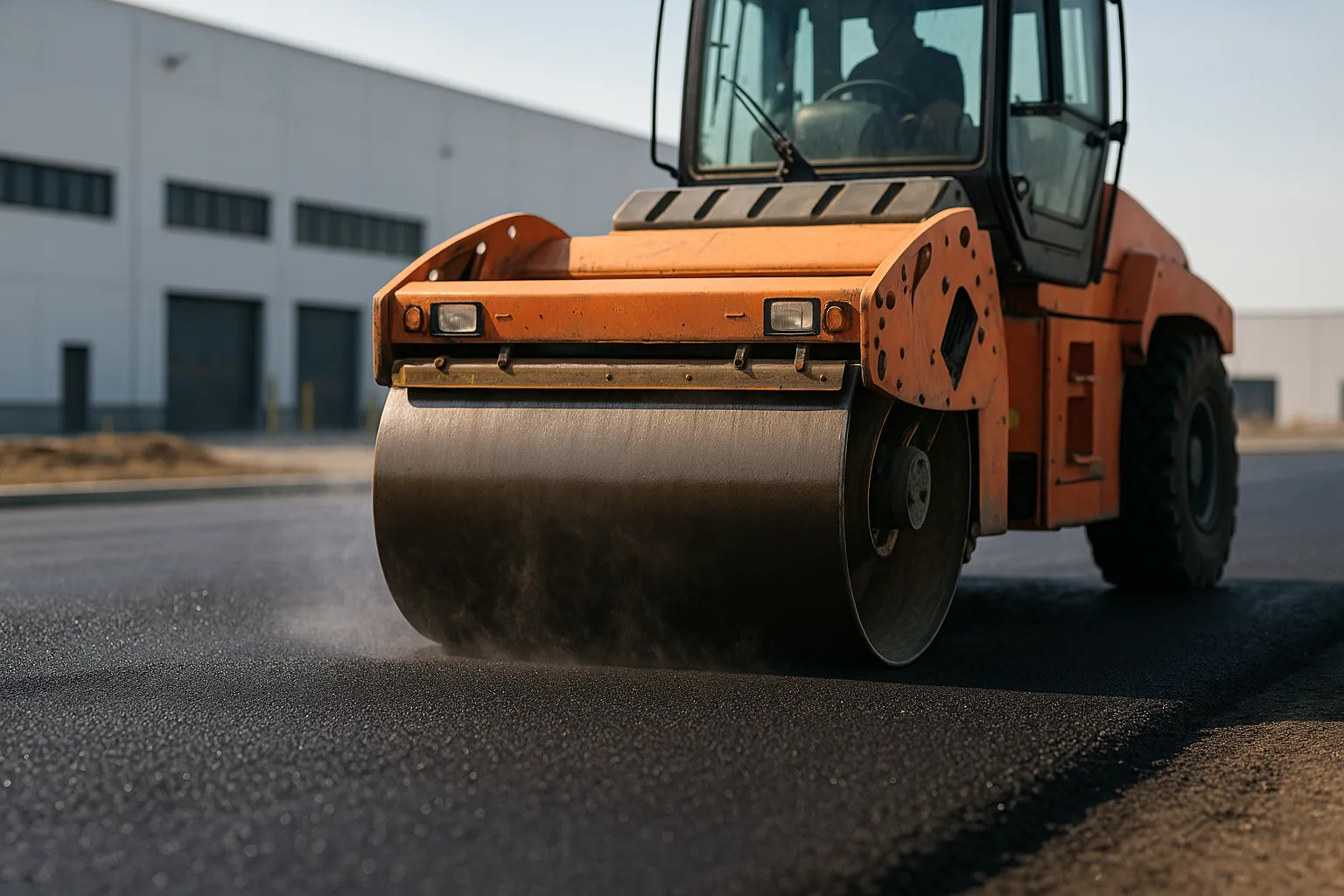 Roller compacting a prepared sub-base ahead of asphalt placement