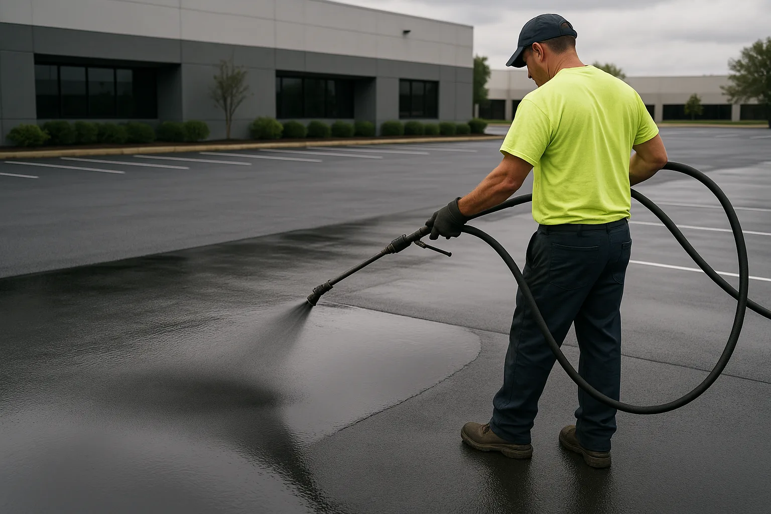 Spray application of glossy black sealcoat across a commercial parking lot