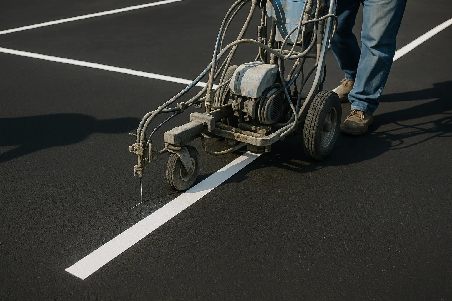 Crew laying fresh stall markings across a large institutional parking lot