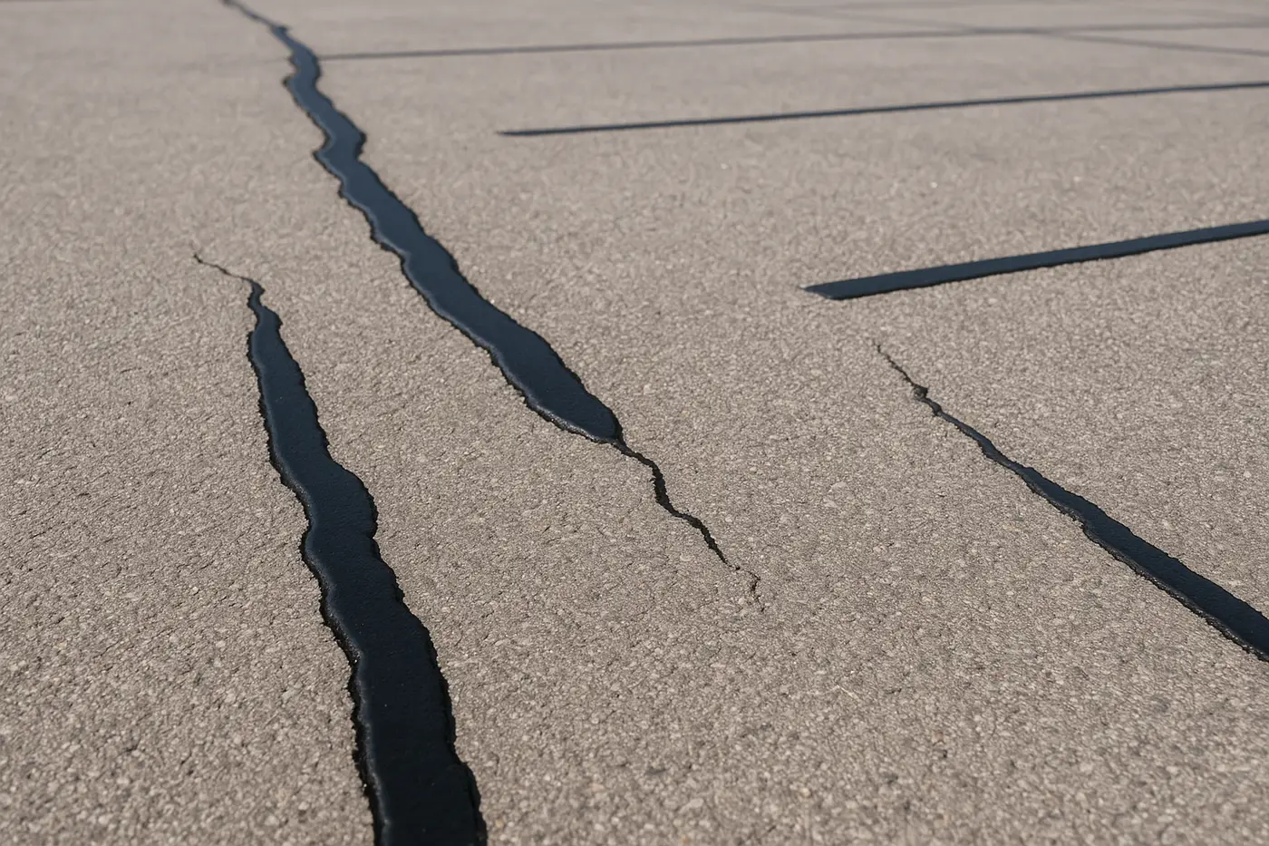 Crack sealing being applied along a routed crack in an asphalt surface