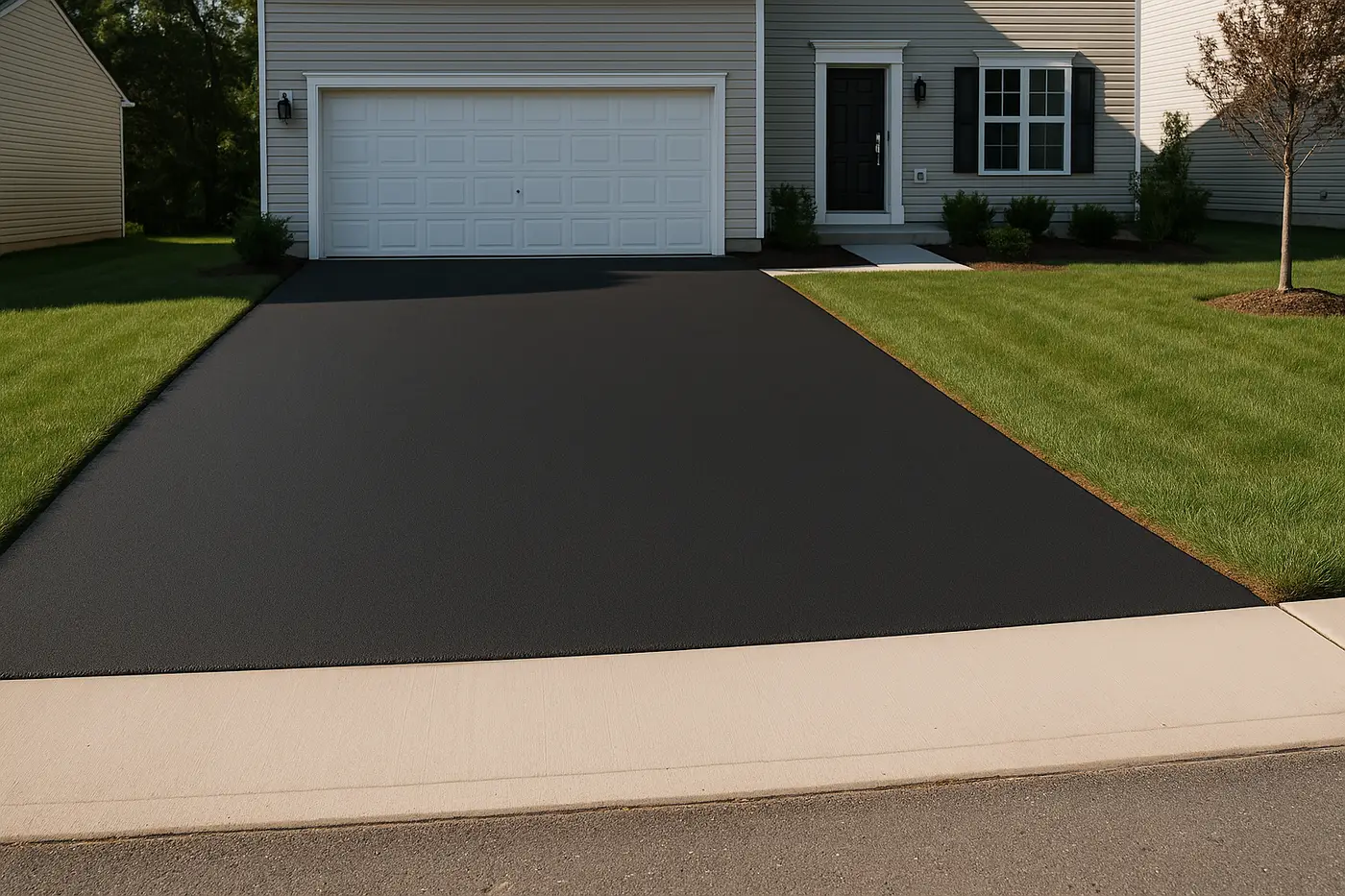 Asphalt driveway apron meeting the road edge on a rural property