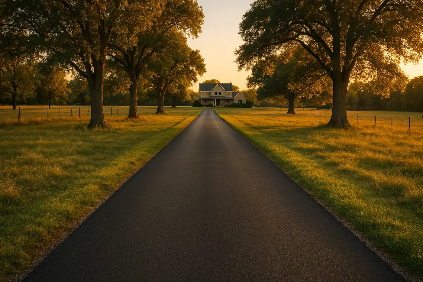 Long asphalt driveway running across open acreage toward a house