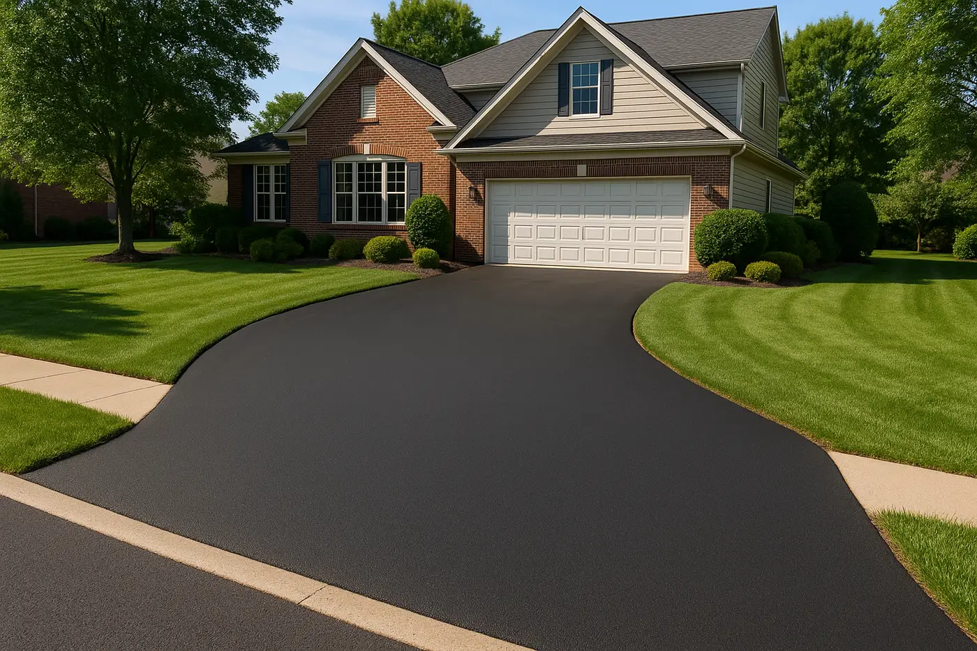 Smooth new asphalt driveway at a suburban home with clean edges against the lawn