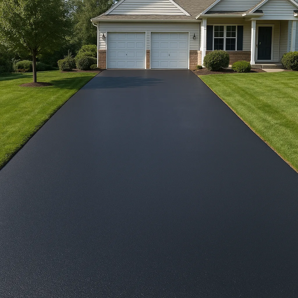 New asphalt driveway running from the street to an attached two-car garage