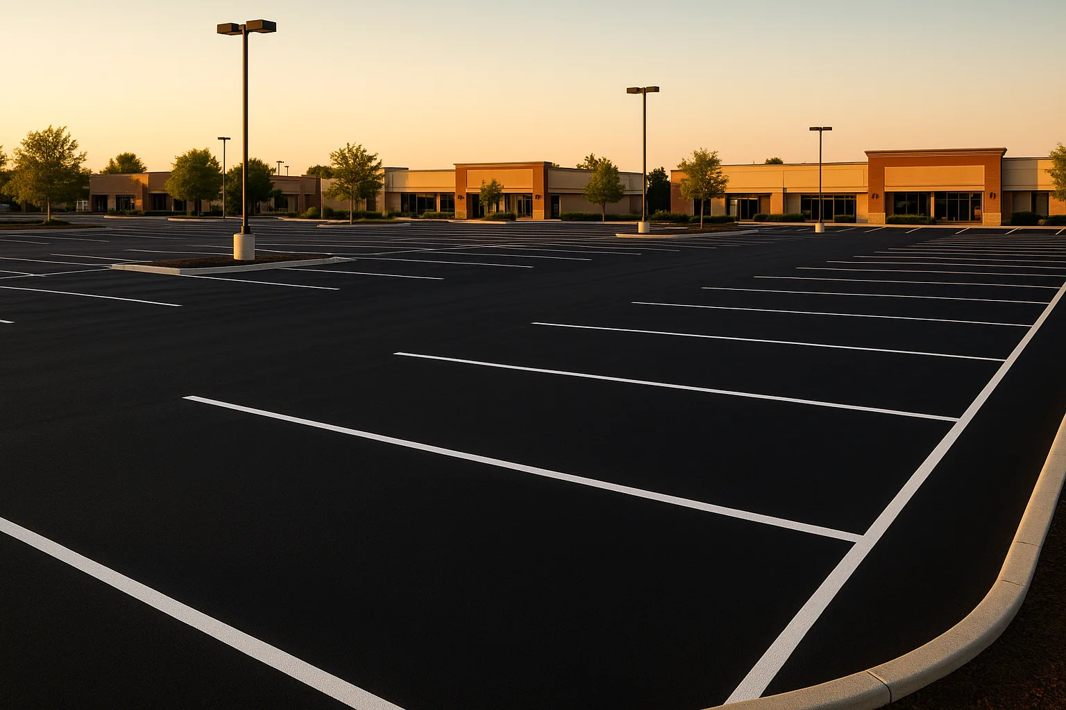 Freshly paved commercial parking lot with crisp white line striping and clean curbs