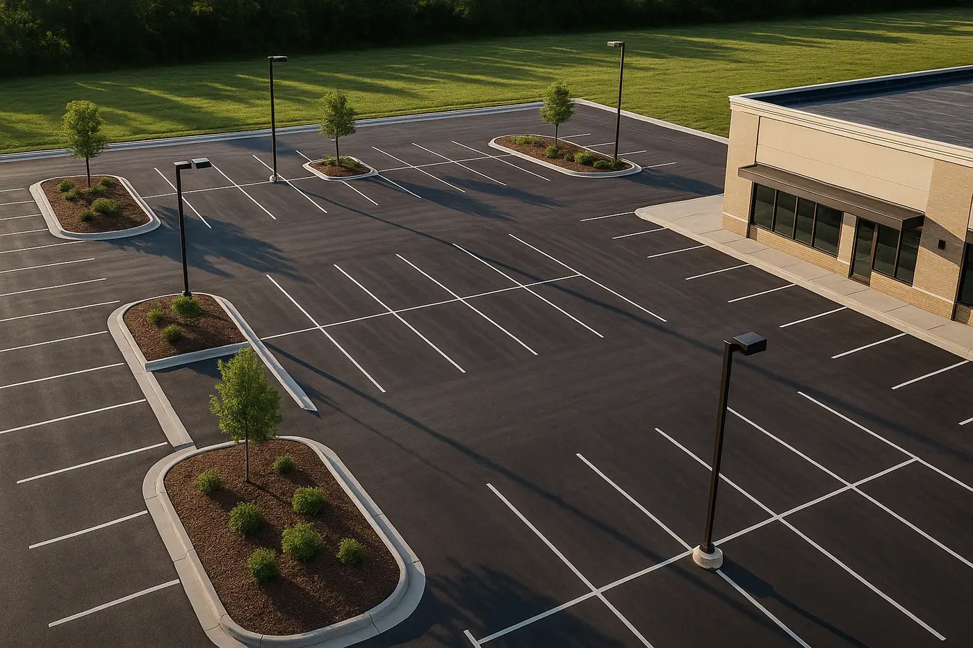 Aerial view of a large asphalt parking area laid out for high-volume use