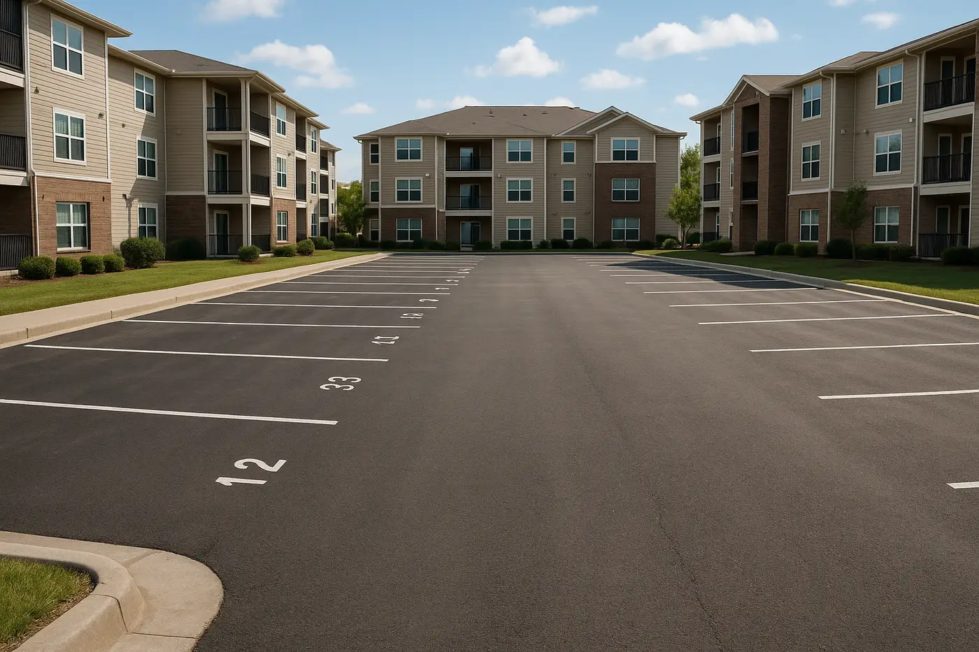 Asphalt parking lot at a multifamily apartment complex with numbered stalls and concrete curbs