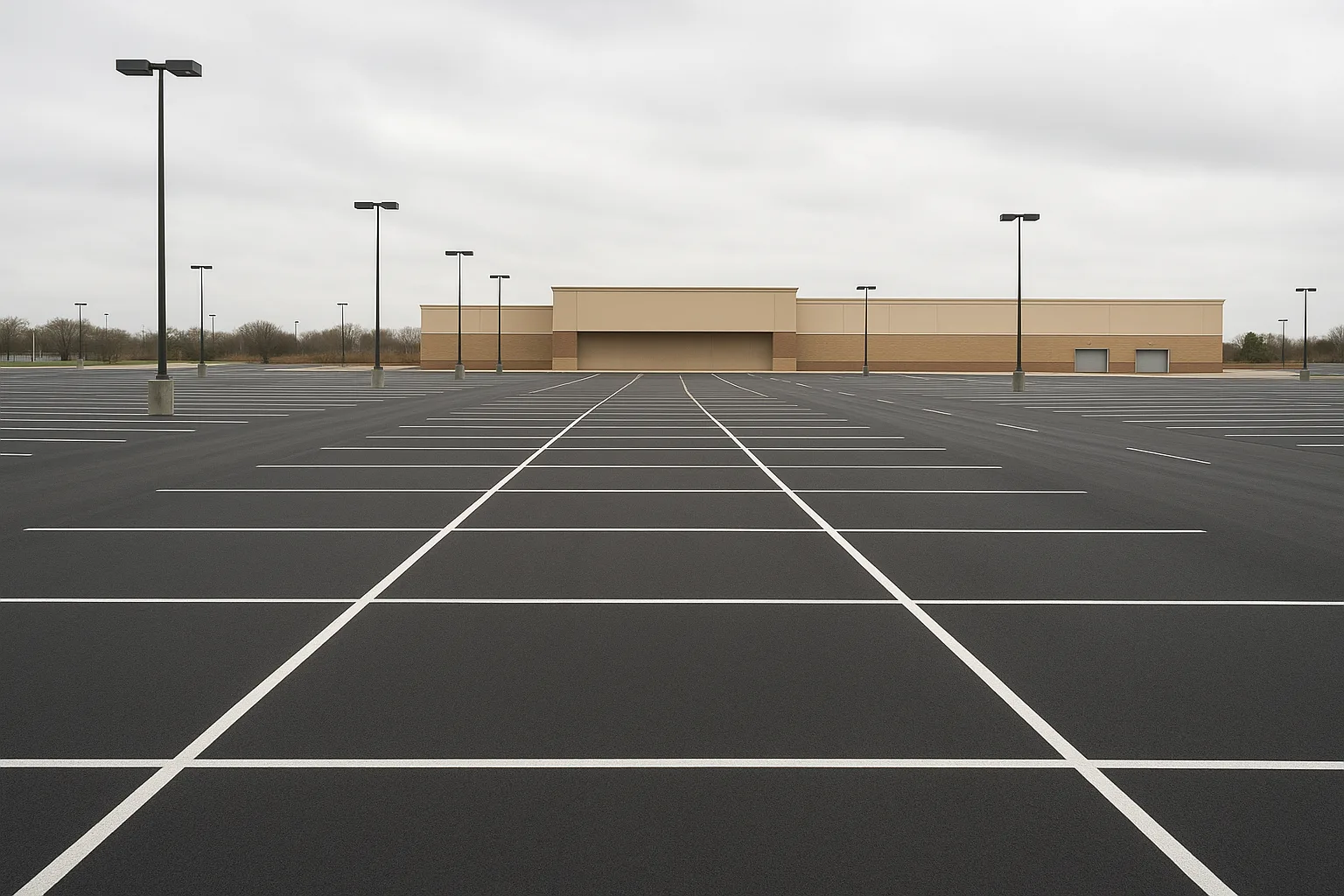 Wide expanse of new asphalt at a big-box store parking lot with long straight striping