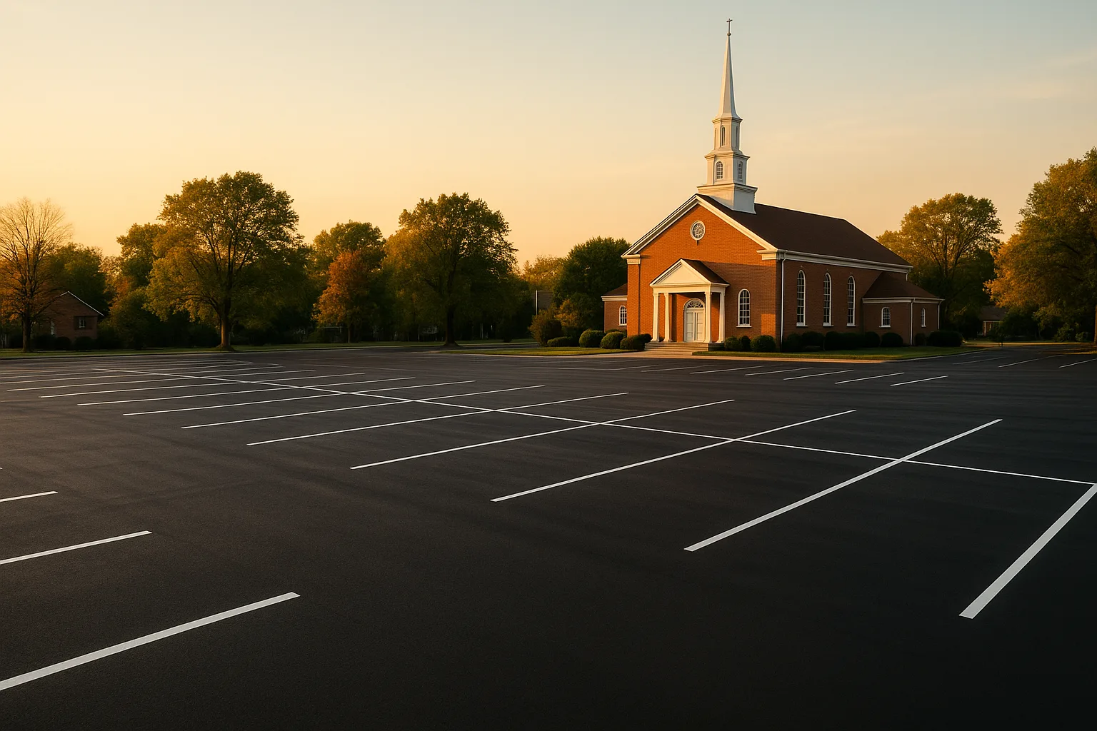 Large newly sealed asphalt lot beside a suburban church with sharp white lines