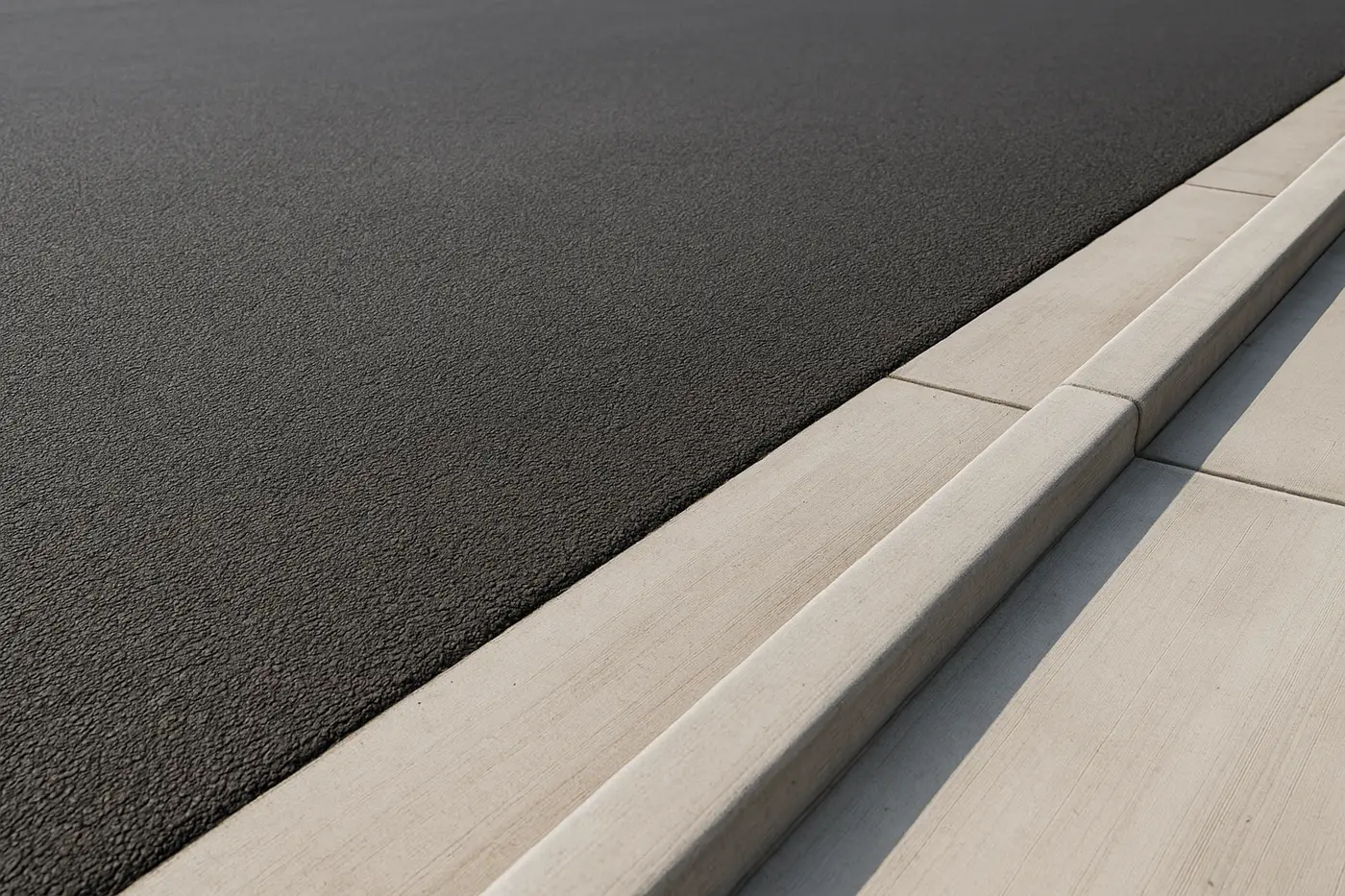 Concrete curb and gutter running alongside an asphalt parking lot edge