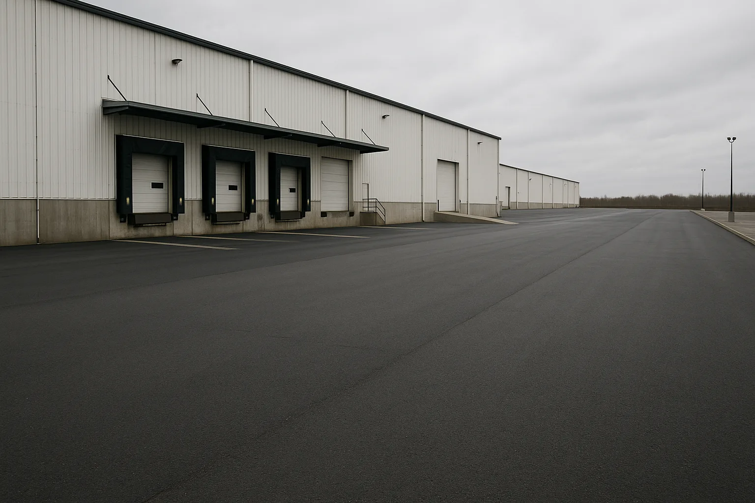 Heavy-duty asphalt yard at a logistics facility with truck bays and staging
