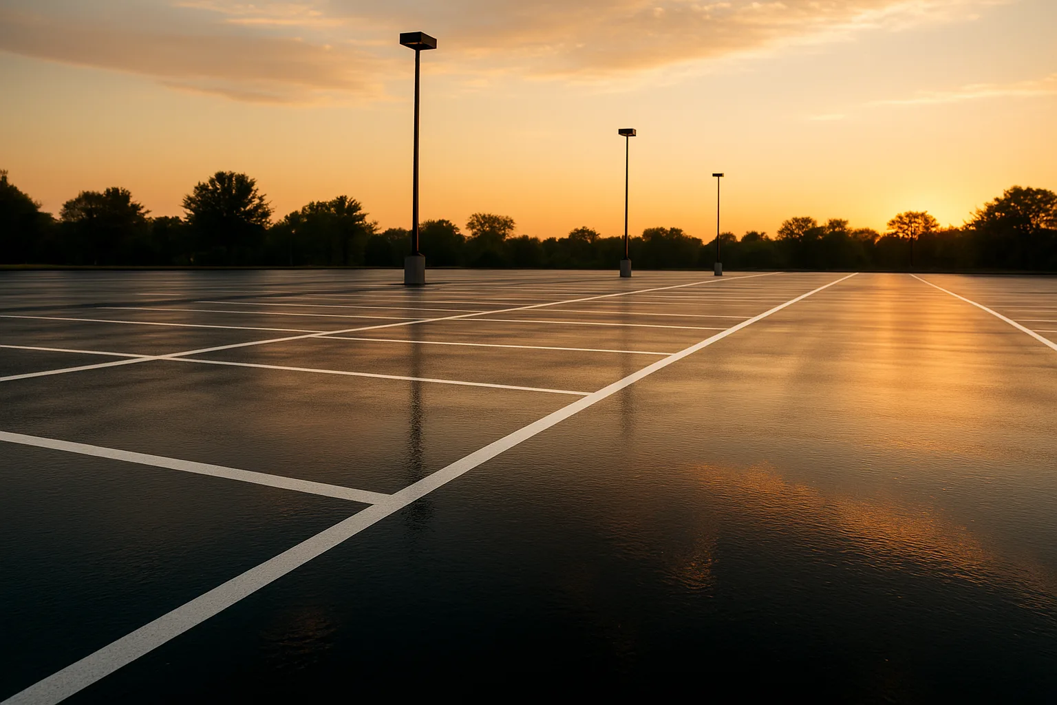 Low-angle view along a freshly paved asphalt parking lot surface