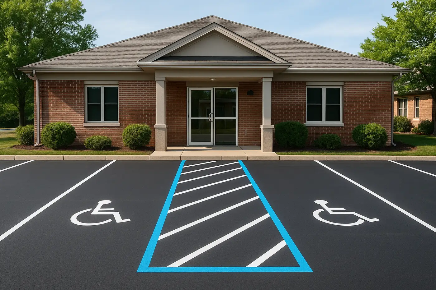 Asphalt parking lot at a medical campus with marked drive lanes and accessible stalls