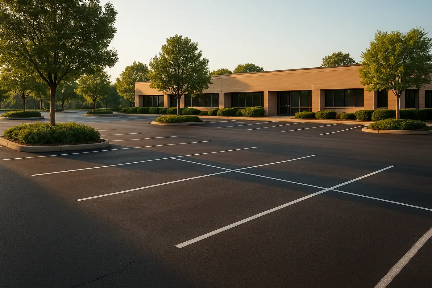 Clean asphalt parking lot outside a low suburban office building with landscaped islands