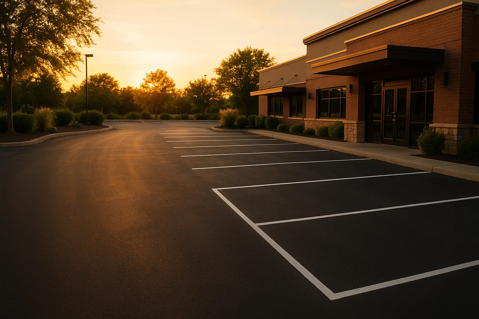 Newer retail parking lot with fresh markings and landscaped edges