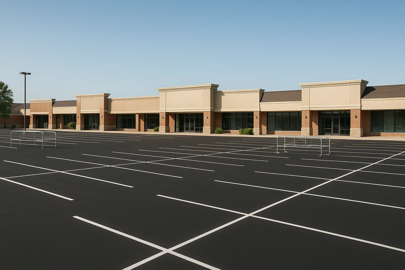 Freshly paved asphalt parking lot in front of a suburban strip-retail center