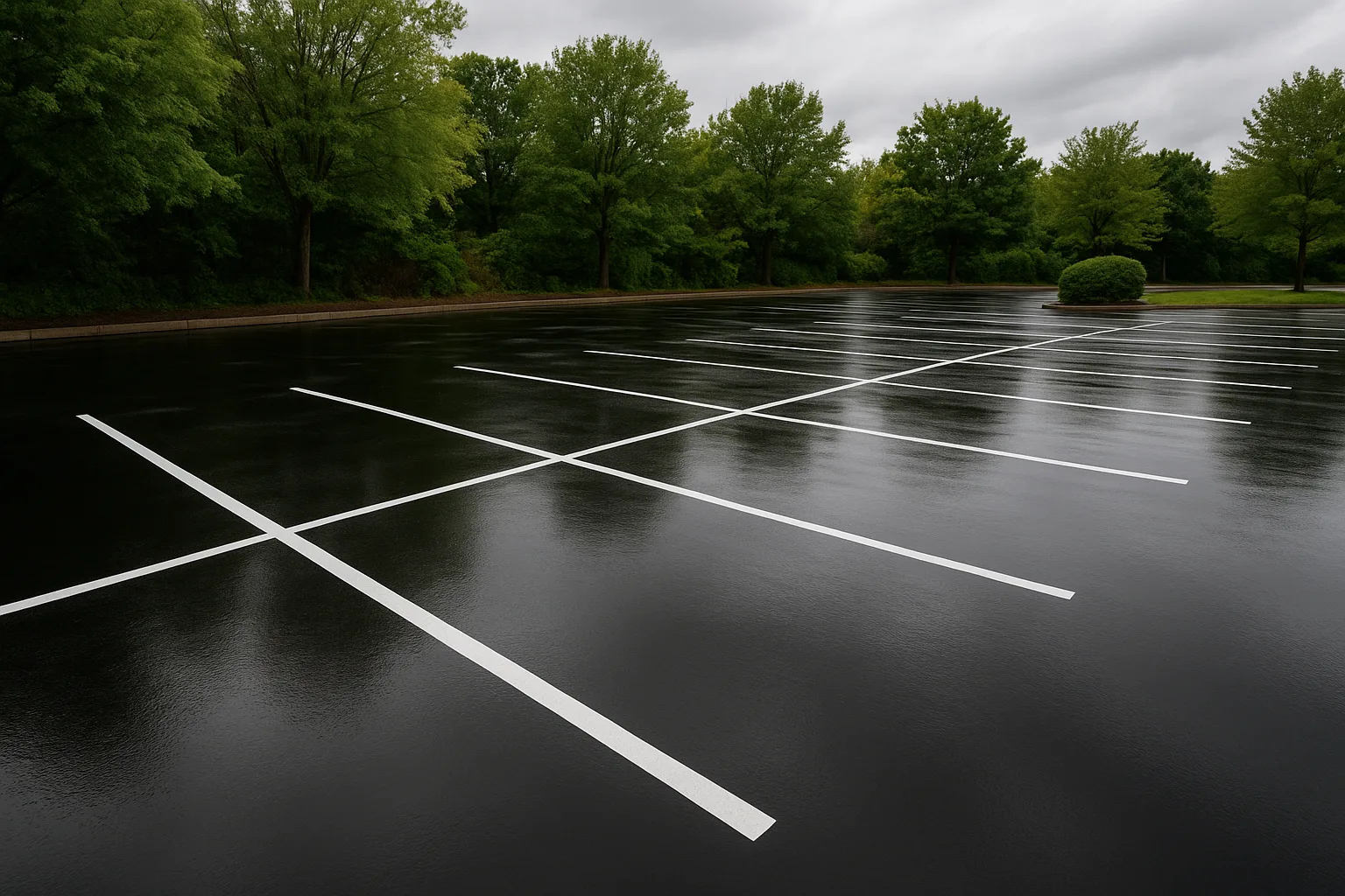 Rain standing in a low area of an asphalt parking lot after a storm