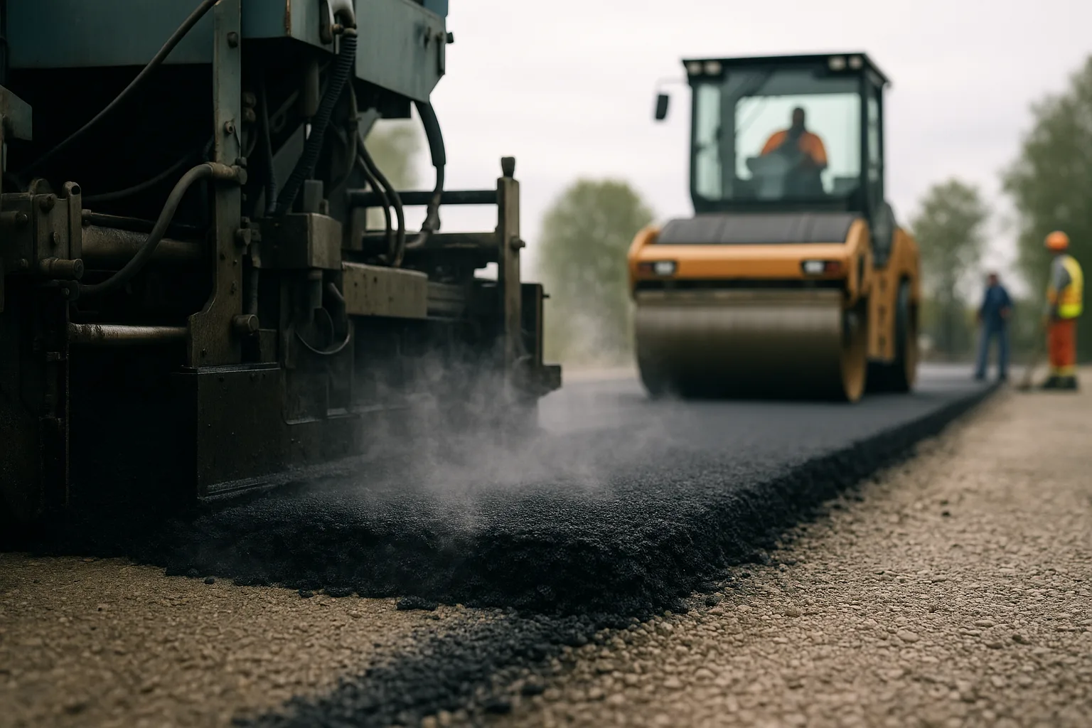 Asphalt paving machine laying hot asphalt over a prepared base, with a steel drum roller following behind