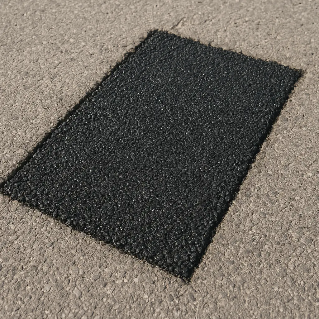 Asphalt repair area opened up to expose and rebuild the failed base beneath