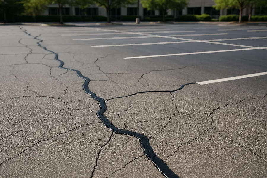 Rubberized crack sealant filling cracks in grey parking-lot asphalt