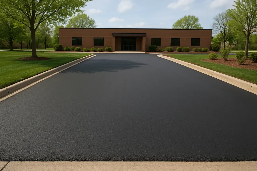 Freshly paved asphalt approach at a commercial property entrance