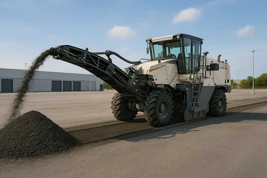 Cold-milling machine grinding the top layer off a commercial asphalt lot