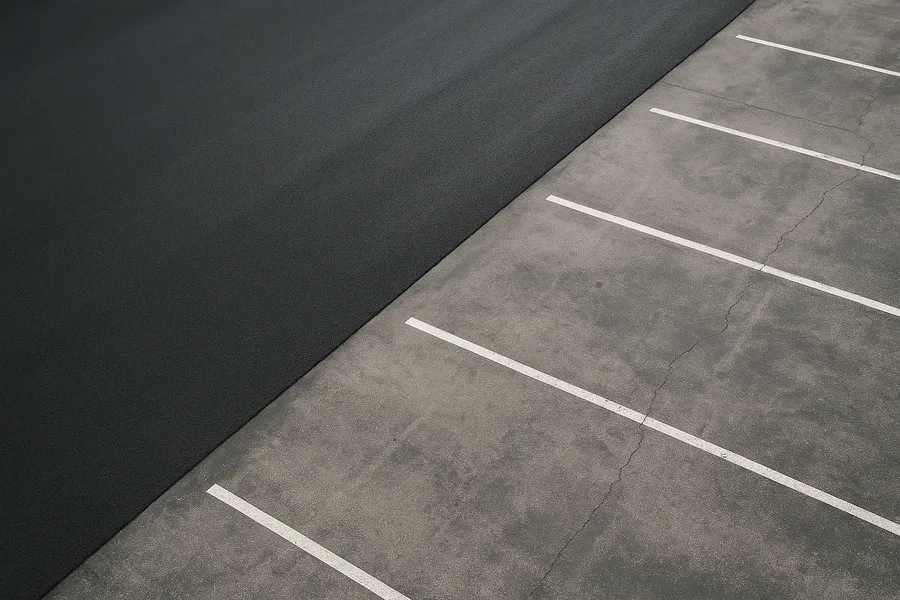 Fresh asphalt being laid over an existing commercial surface during an overlay