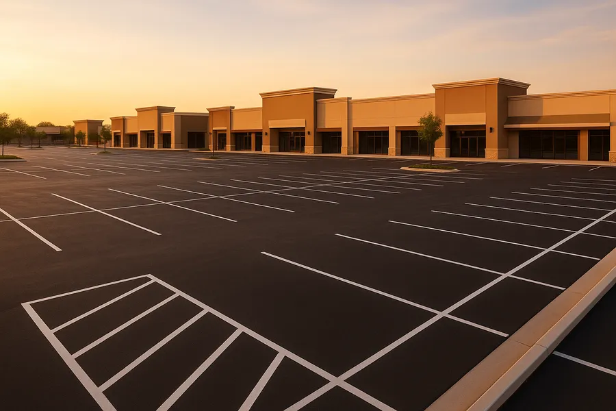 Large freshly paved commercial parking lot with crisp white striping