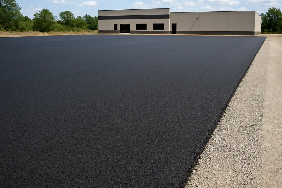 New asphalt being laid over a prepared base on a large commercial lot