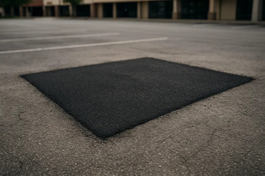 Rectangular patch of fresh black asphalt set into older grey parking-lot pavement