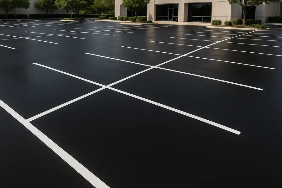 Freshly sealcoated parking lot with a deep black surface and new white striping