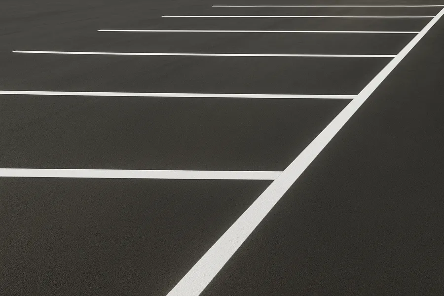 Fresh white and yellow line striping on a black parking lot, including stalls and arrows